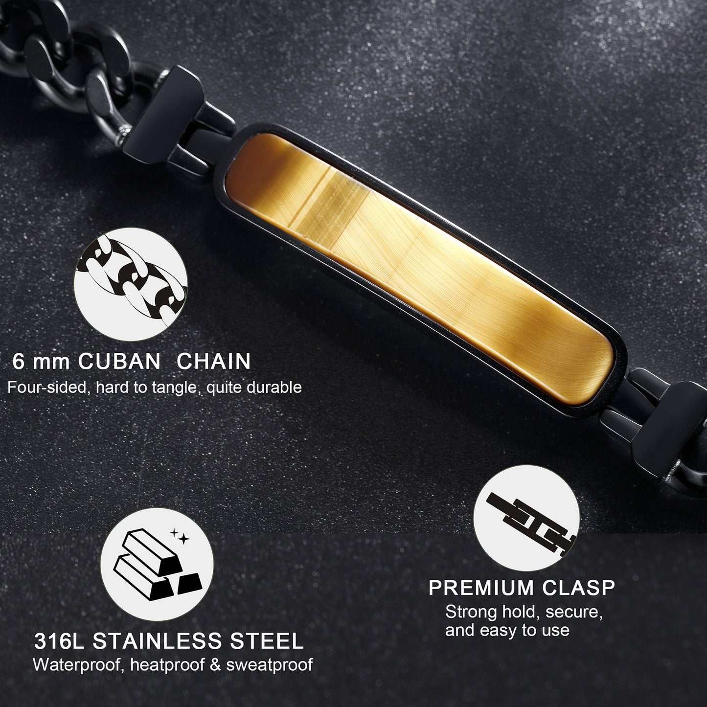 Black Stainless Steel Cuban Chain Bracelet with Tiger's Eye Stone