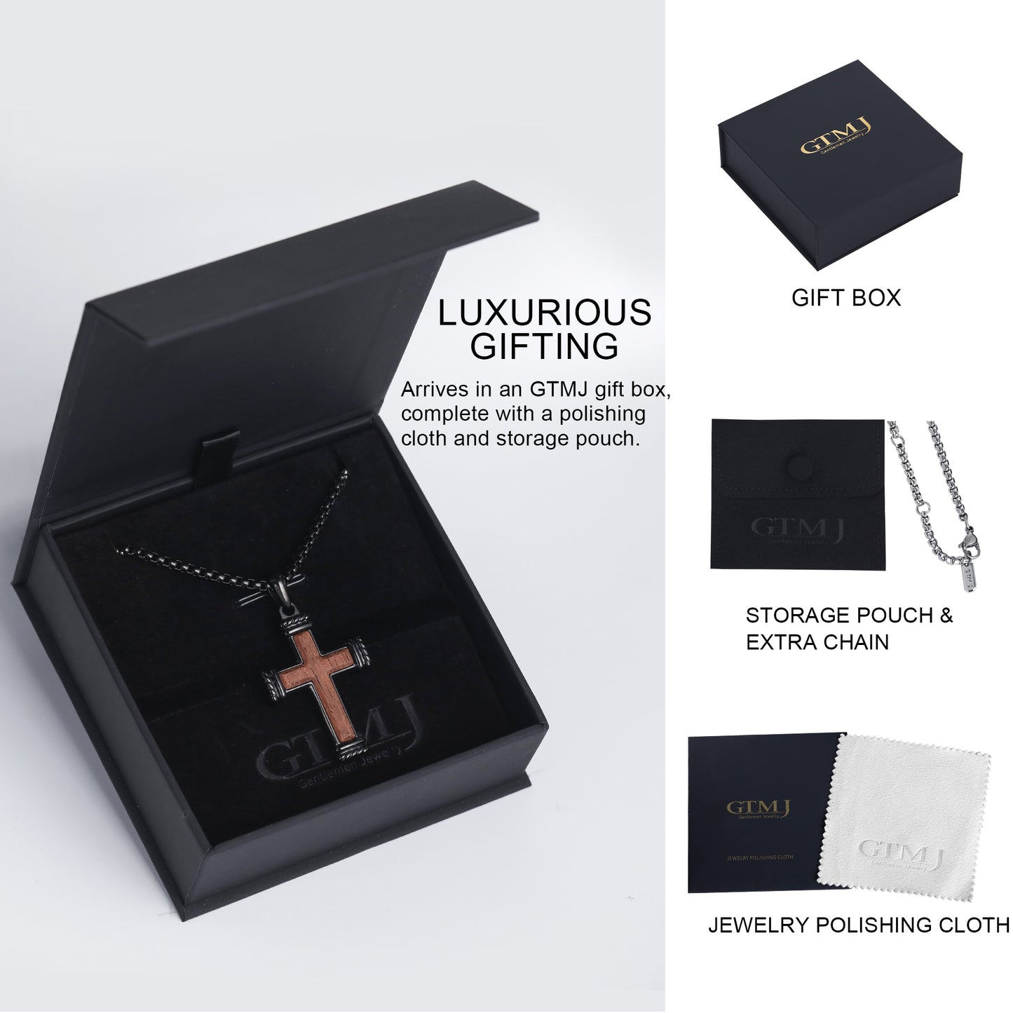 GTMJ Men's 316L Stainless Steel & Bubinga Wood Cross Necklace - 42mm Black Rope Edge, 24"+2" & 20"+2"Adjustable Box Chain, Christian Gift Set