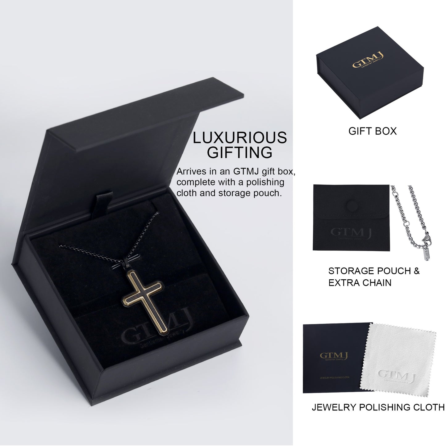 GTMJ Men's Trinity Cross Necklace - 45mm Black & Gold Stainless Steel with Ebony Wood, 24"+2" & 20"+2"Adjustable Box Chain, Luxury Christian Gift Set
