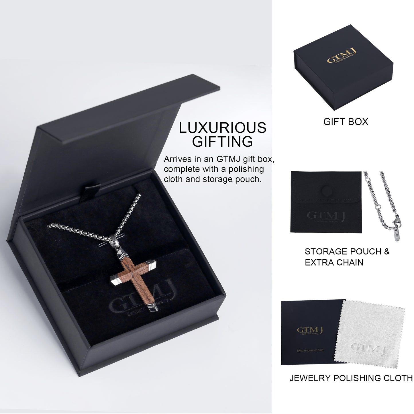 GTMJ Men's Cross Pendant Necklace Set - 316L Stainless Steel & Natural Wood, 24"+2" & 20"+2" Adjustable Box Chains, Luxury Gift Box (Ebony/Bubinga/Antique Black)