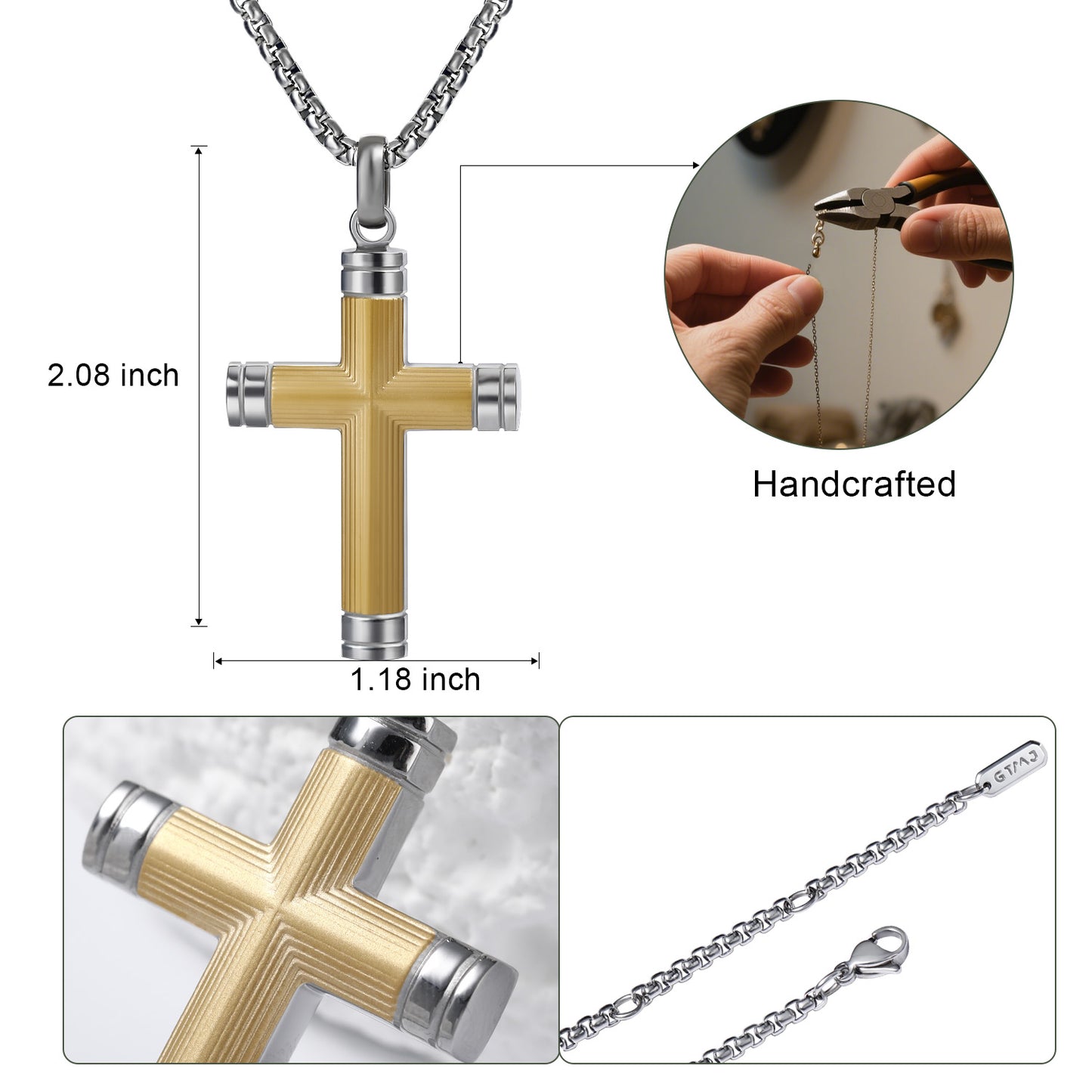 GTMJ Men's Cross Pendant Necklace Set - 316L Stainless Steel & Natural Wood,  24"+2" & 20"+2" Adjustable Box Chains, Luxury Gift Box (Ebony/Bubinga/Gold&Steel)
