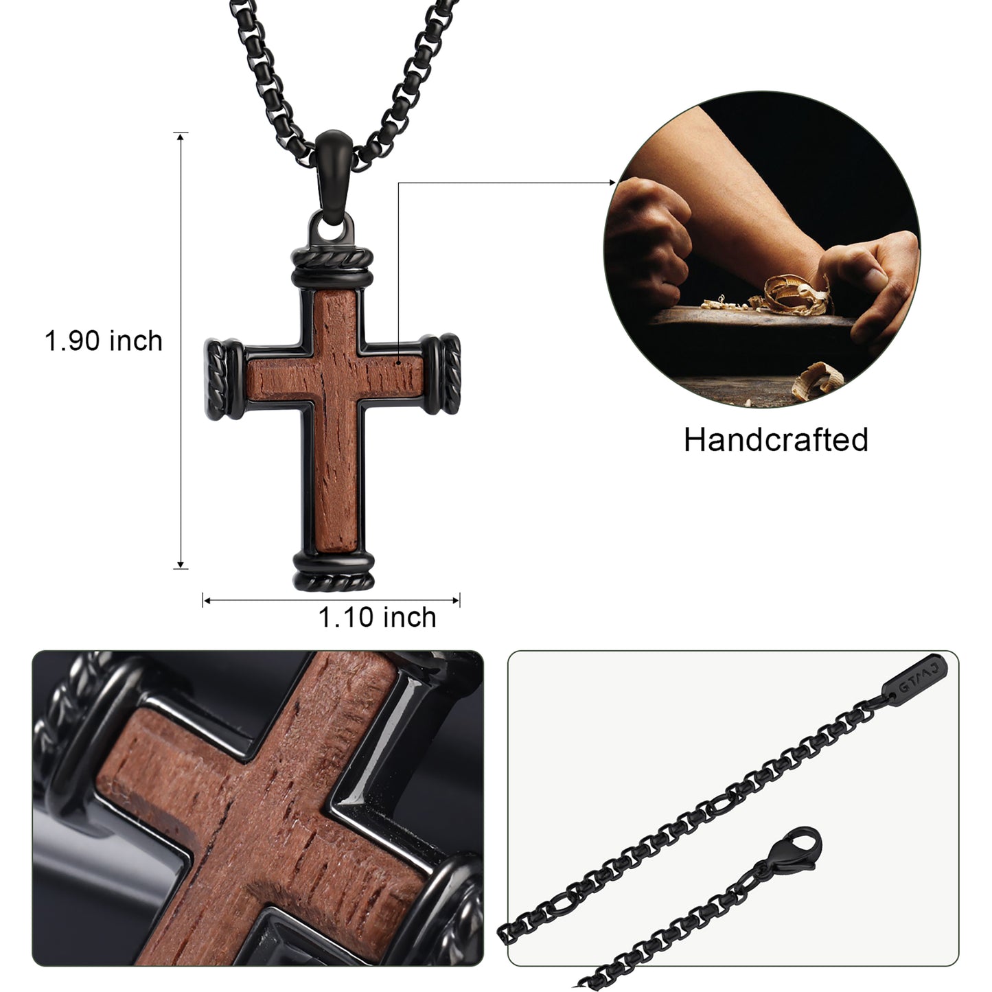 GTMJ Men's 316L Stainless Steel & Bubinga Wood Cross Necklace - 42mm Black Rope Edge, 24"+2" & 20"+2"Adjustable Box Chain, Christian Gift Set