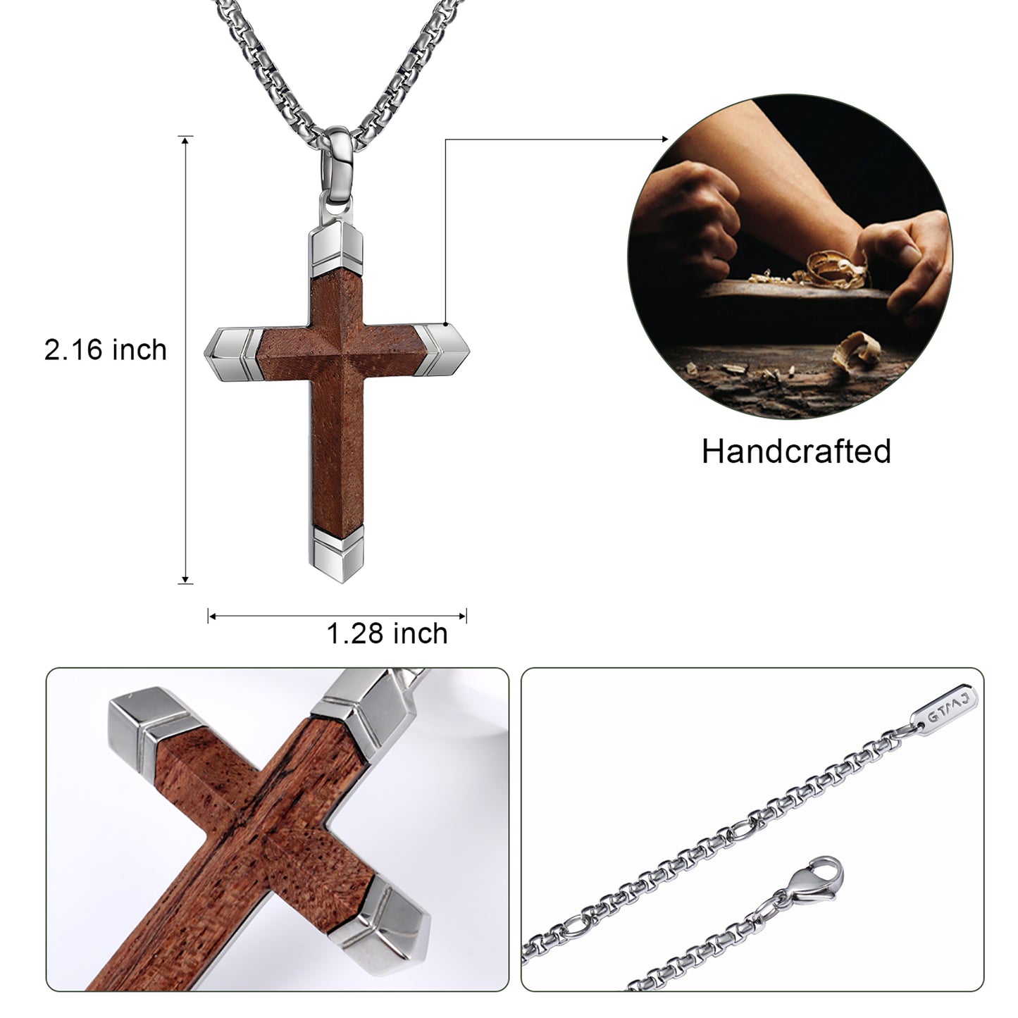 GTMJ Men's Cross Pendant Necklace Set - 316L Stainless Steel & Natural Wood, 24"+2" & 20"+2" Adjustable Box Chains, Luxury Gift Box (Ebony/Bubinga/Antique Black)
