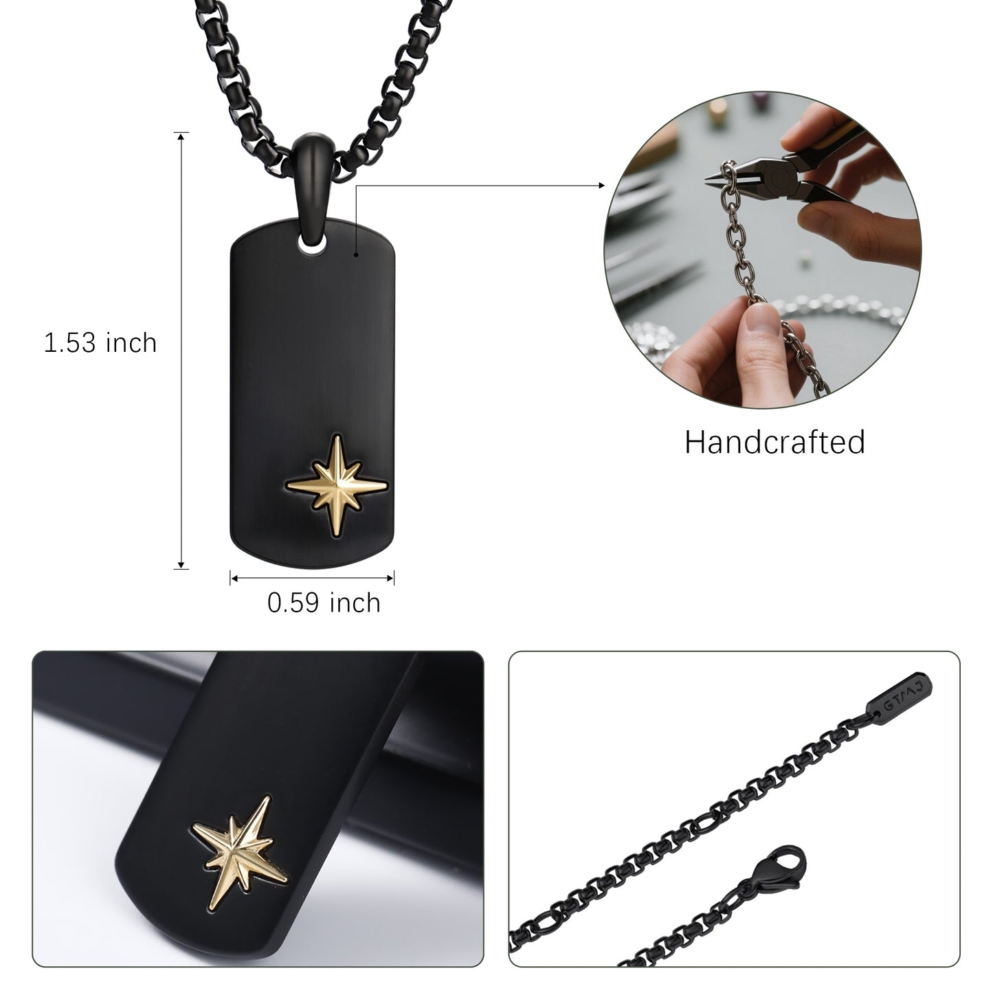 Classic Black Dog Tag with North Star Amulet in 18K Gold Plated Pendant Necklace