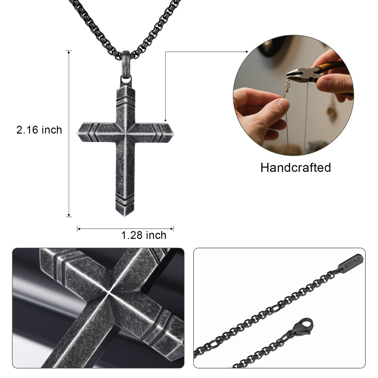 GTMJ Men's Cross Pendant Necklace Set - 316L Stainless Steel & Natural Wood, 24"+2" & 20"+2" Adjustable Box Chains, Luxury Gift Box (Ebony/Bubinga/Antique Black)