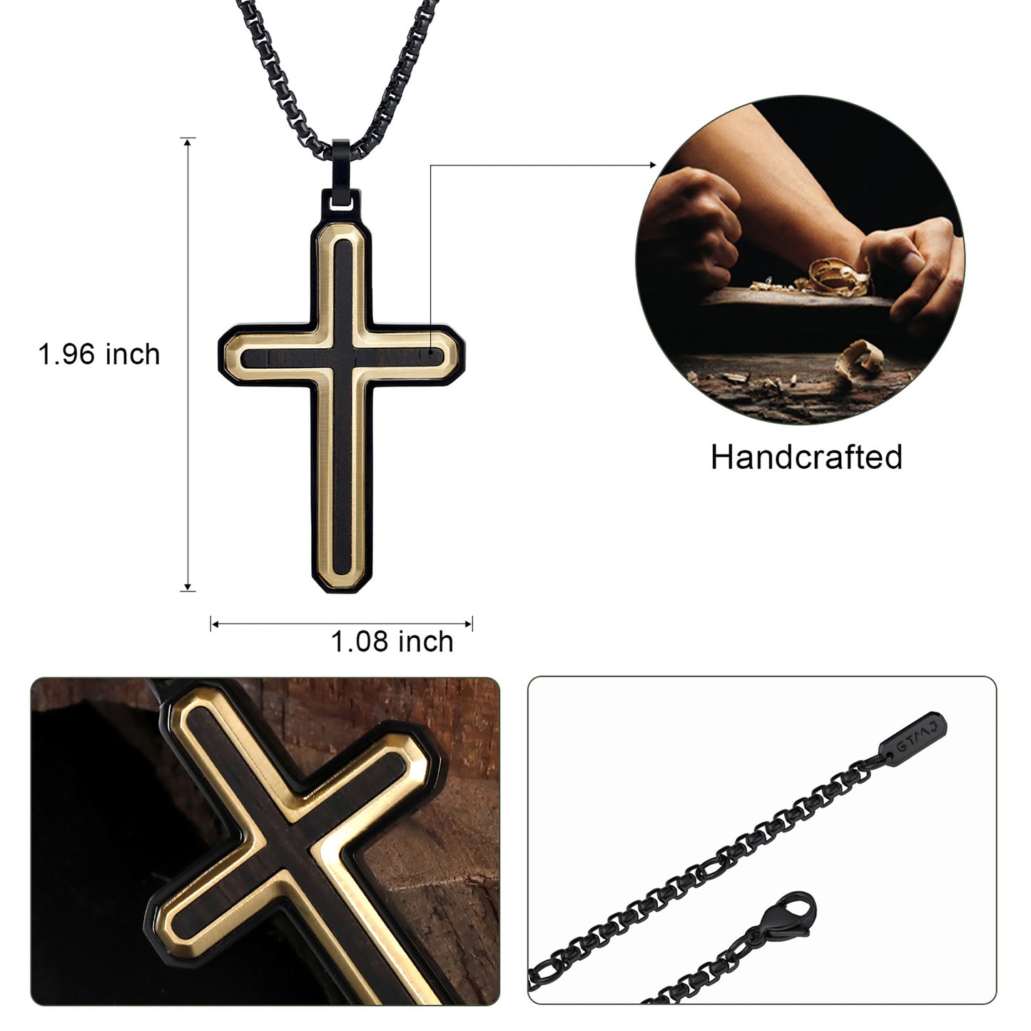 GTMJ Men's Trinity Cross Necklace - 45mm Black & Gold Stainless Steel with Ebony Wood, 24"+2" & 20"+2"Adjustable Box Chain, Luxury Christian Gift Set