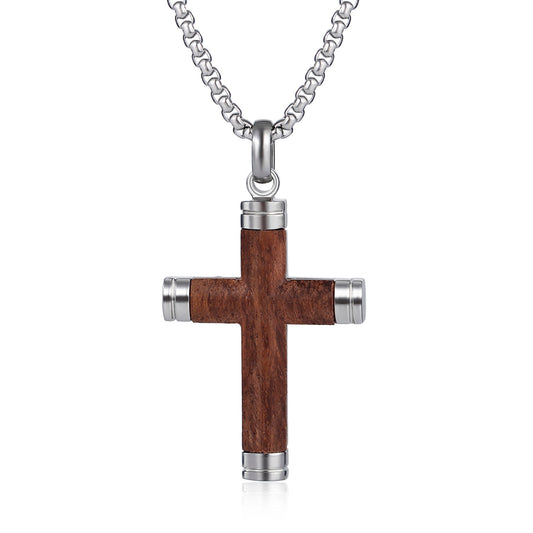 GTMJ Men's Cross Pendant Necklace Set - 316L Stainless Steel & Natural Wood,  24"+2" & 20"+2" Adjustable Box Chains, Luxury Gift Box (Ebony/Bubinga/Gold&Steel)