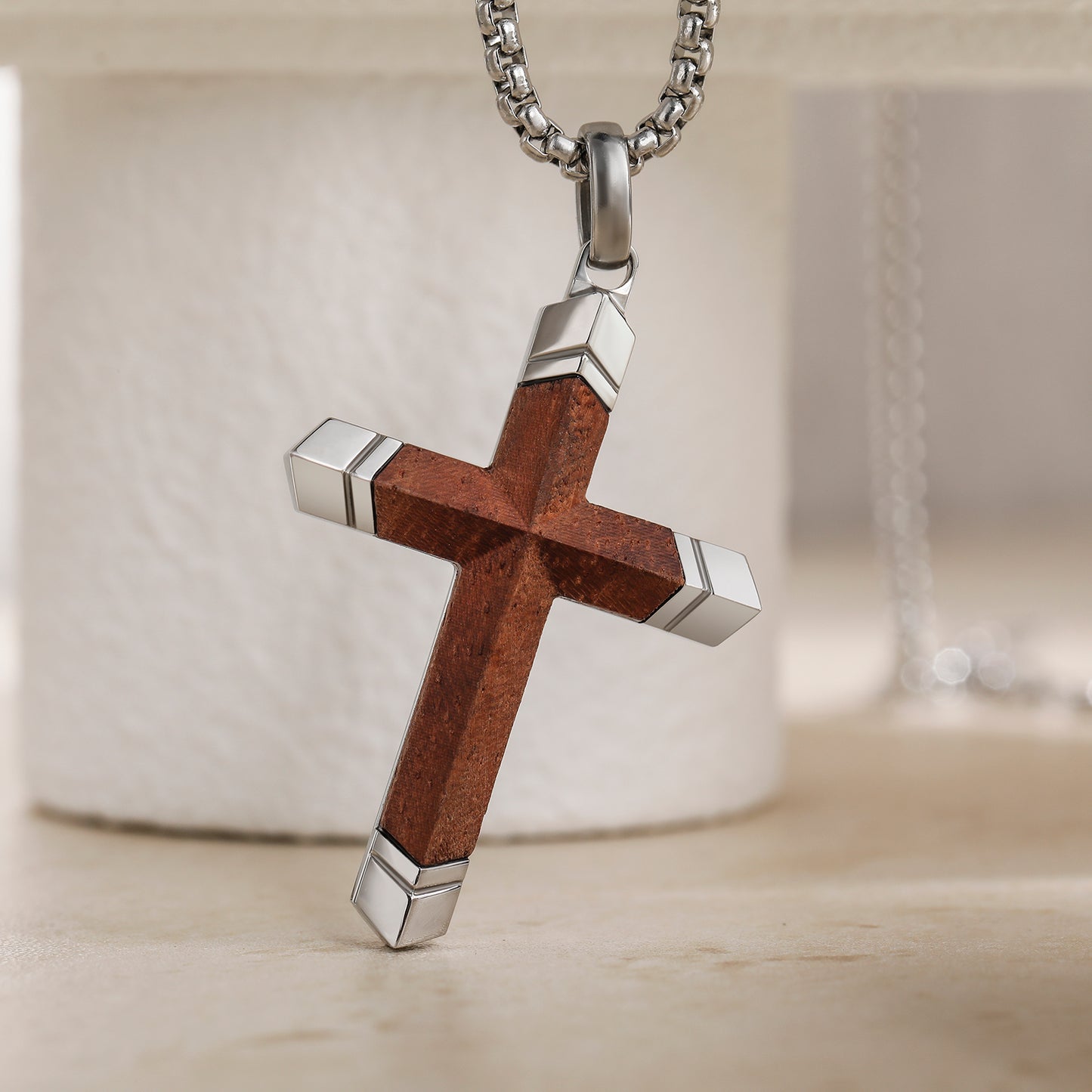 GTMJ Men's Cross Pendant Necklace Set - 316L Stainless Steel & Natural Wood, 24"+2" & 20"+2" Adjustable Box Chains, Luxury Gift Box (Ebony/Bubinga/Antique Black)