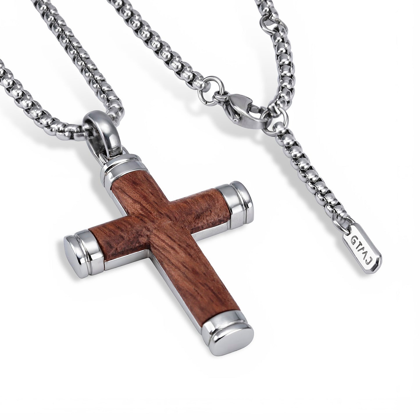 GTMJ Men's Cross Pendant Necklace Set - 316L Stainless Steel & Natural Wood,  24"+2" & 20"+2" Adjustable Box Chains, Luxury Gift Box (Ebony/Bubinga/Gold&Steel)
