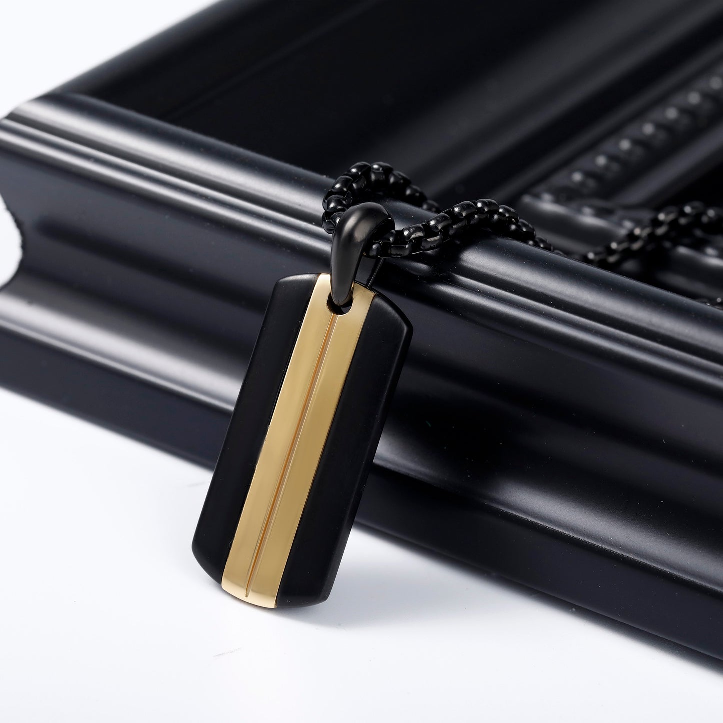 GTMJ Black & 18K Gold Two-Tone Dog Tag Necklace - 24"+2" Adjustable Chain + Extra 20"+2" Silver Chain, Rectangular Smooth Domed Pendant for Men & Women