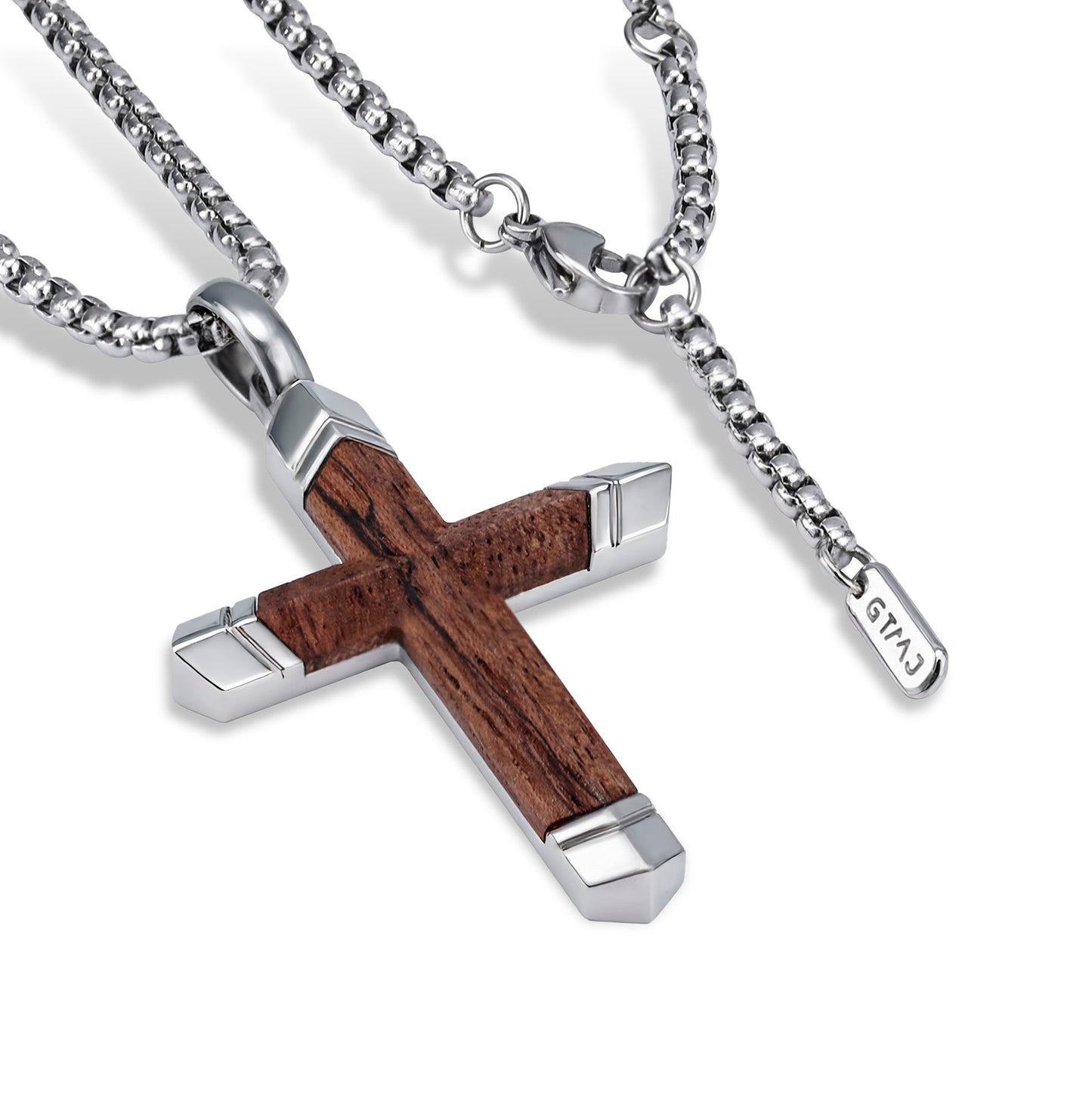 GTMJ Men's Cross Pendant Necklace Set - 316L Stainless Steel & Natural Wood, 24"+2" & 20"+2" Adjustable Box Chains, Luxury Gift Box (Ebony/Bubinga/Antique Black)