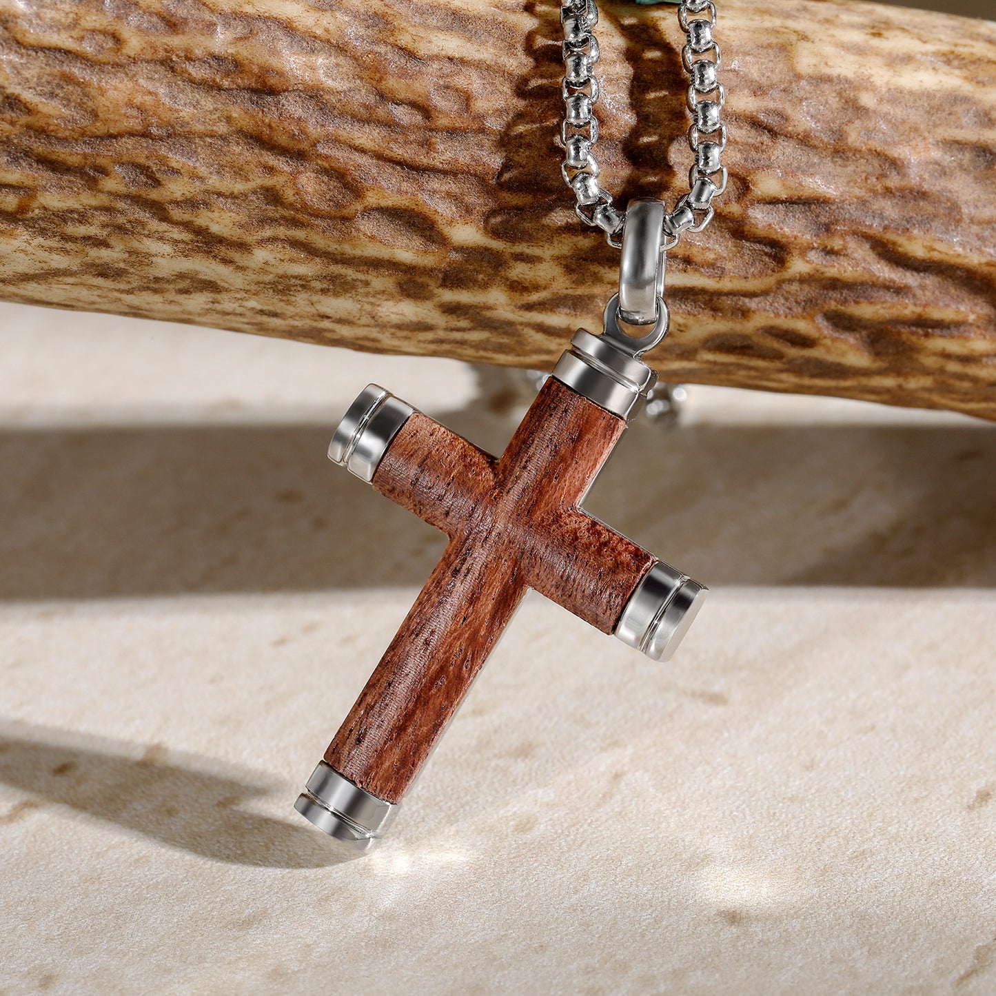 GTMJ Men's Cross Pendant Necklace Set - 316L Stainless Steel & Natural Wood,  24"+2" & 20"+2" Adjustable Box Chains, Luxury Gift Box (Ebony/Bubinga/Gold&Steel)