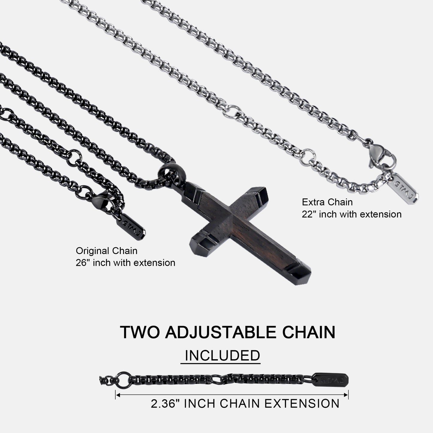 GTMJ Wooden Cross Necklace for Men -Black Ebony Stainless Steel Adjustable Box Chain 24-26in, Spiritual Jewelry Gift for Him, Everyday Wear