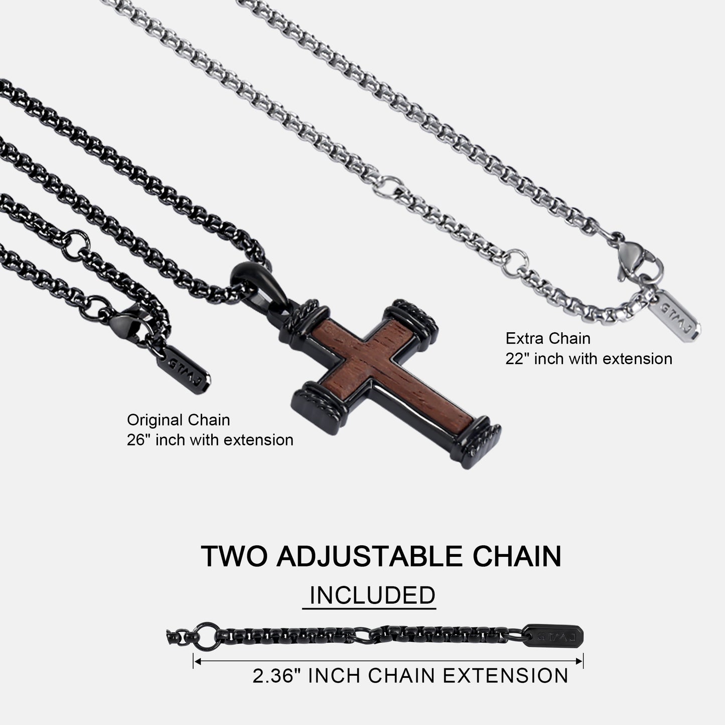 GTMJ Men's 316L Stainless Steel & Bubinga Wood Cross Necklace - 42mm Black Rope Edge, 24"+2" & 20"+2"Adjustable Box Chain, Christian Gift Set