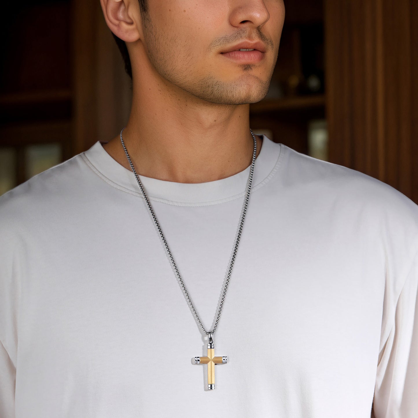 GTMJ Men's Cross Pendant Necklace Set - 316L Stainless Steel & Natural Wood,  24"+2" & 20"+2" Adjustable Box Chains, Luxury Gift Box (Ebony/Bubinga/Gold&Steel)