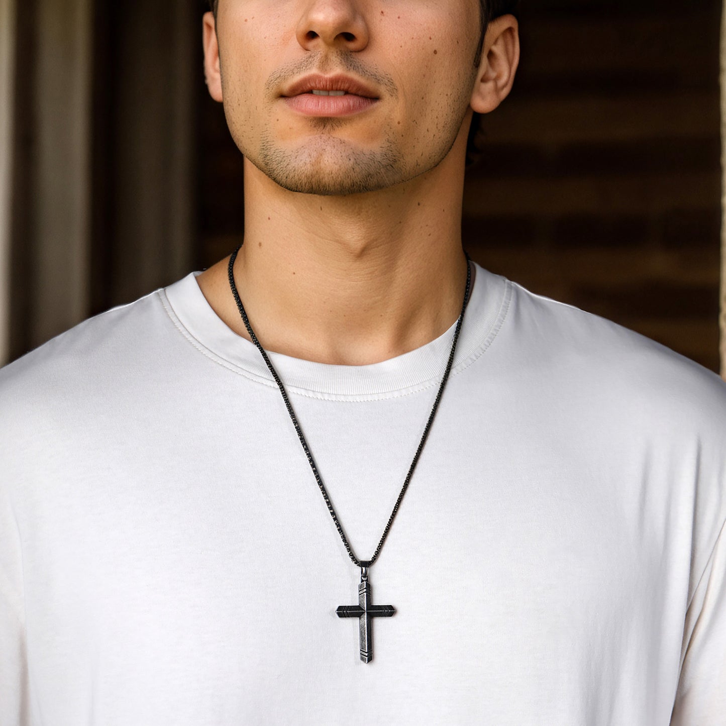 GTMJ Men's Cross Pendant Necklace Set - 316L Stainless Steel & Natural Wood, 24"+2" & 20"+2" Adjustable Box Chains, Luxury Gift Box (Ebony/Bubinga/Antique Black)