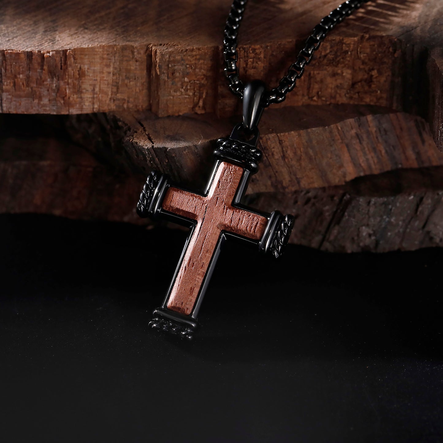 GTMJ Men's 316L Stainless Steel & Bubinga Wood Cross Necklace - 42mm Black Rope Edge, 24"+2" & 20"+2"Adjustable Box Chain, Christian Gift Set