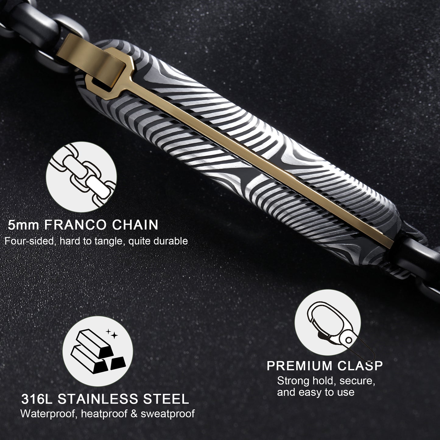 Black IP Steel Box Chain Bracelet with Damascus Steel Plate