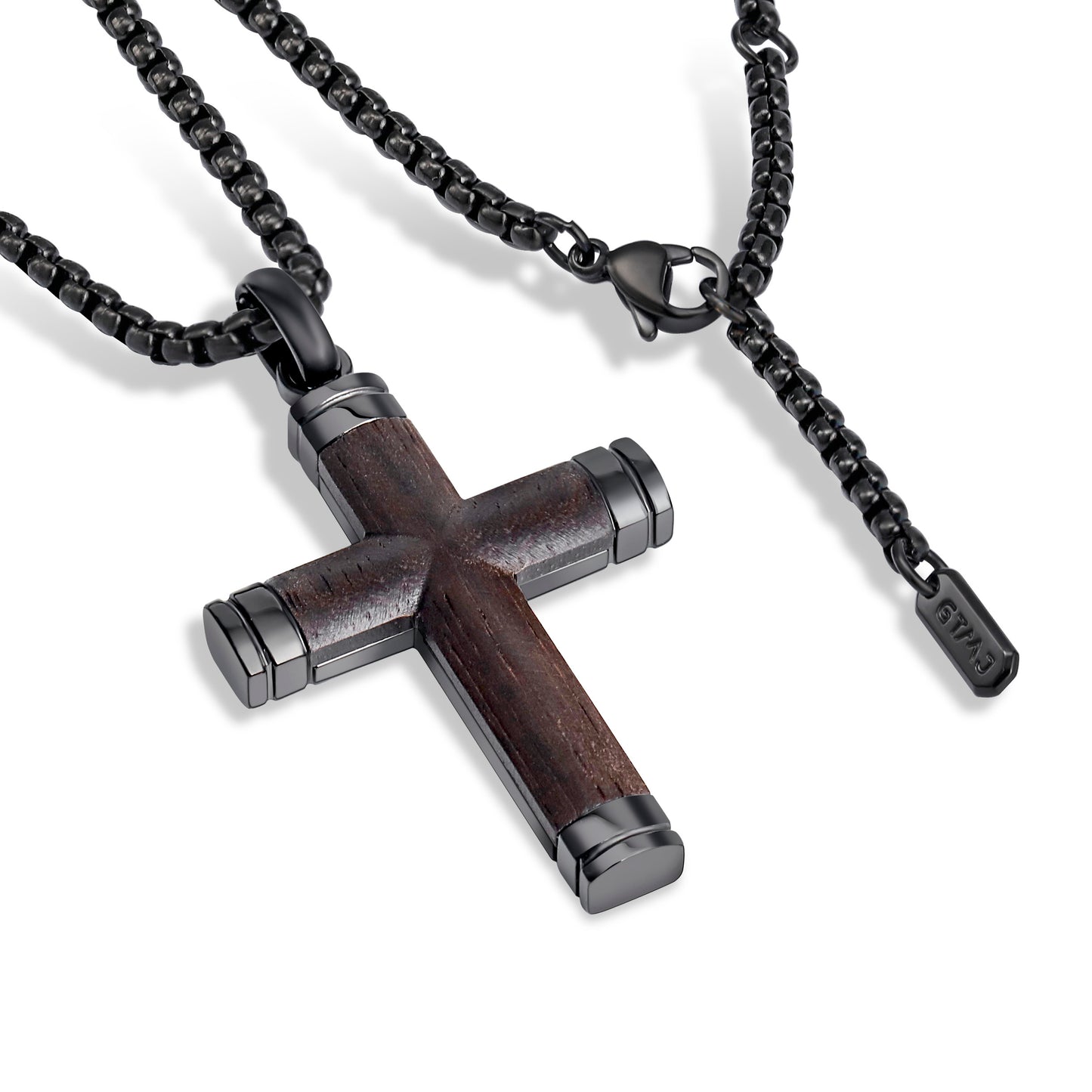 GTMJ Men's Cross Pendant Necklace Set - 316L Stainless Steel & Natural Wood,  24"+2" & 20"+2" Adjustable Box Chains, Luxury Gift Box (Ebony/Bubinga/Gold&Steel)