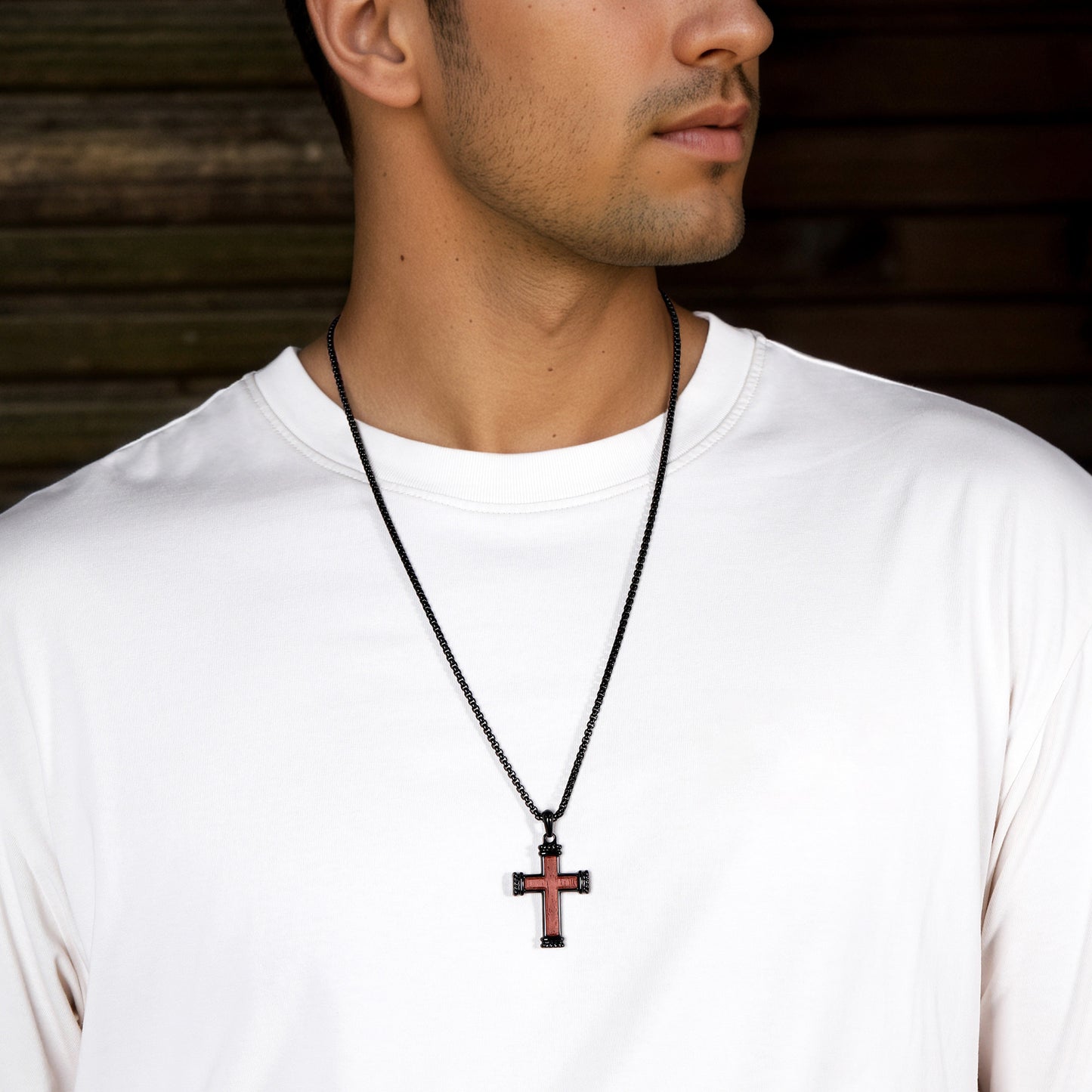 GTMJ Men's 316L Stainless Steel & Bubinga Wood Cross Necklace - 42mm Black Rope Edge, 24"+2" & 20"+2"Adjustable Box Chain, Christian Gift Set