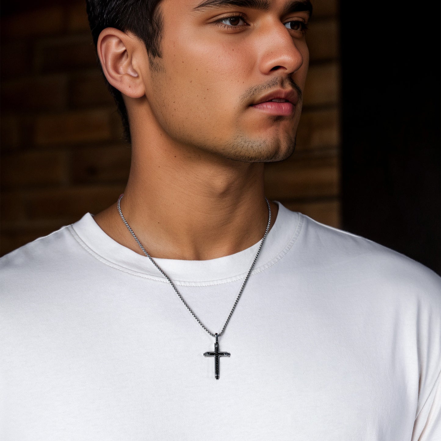 GTMJ Men's 316L Stainless Steel Cross Pendant Necklace - Black Franco Chain Link Inlay, 24"+2" & 20"+2"Adjustable Box Chain, Christian Gift Set