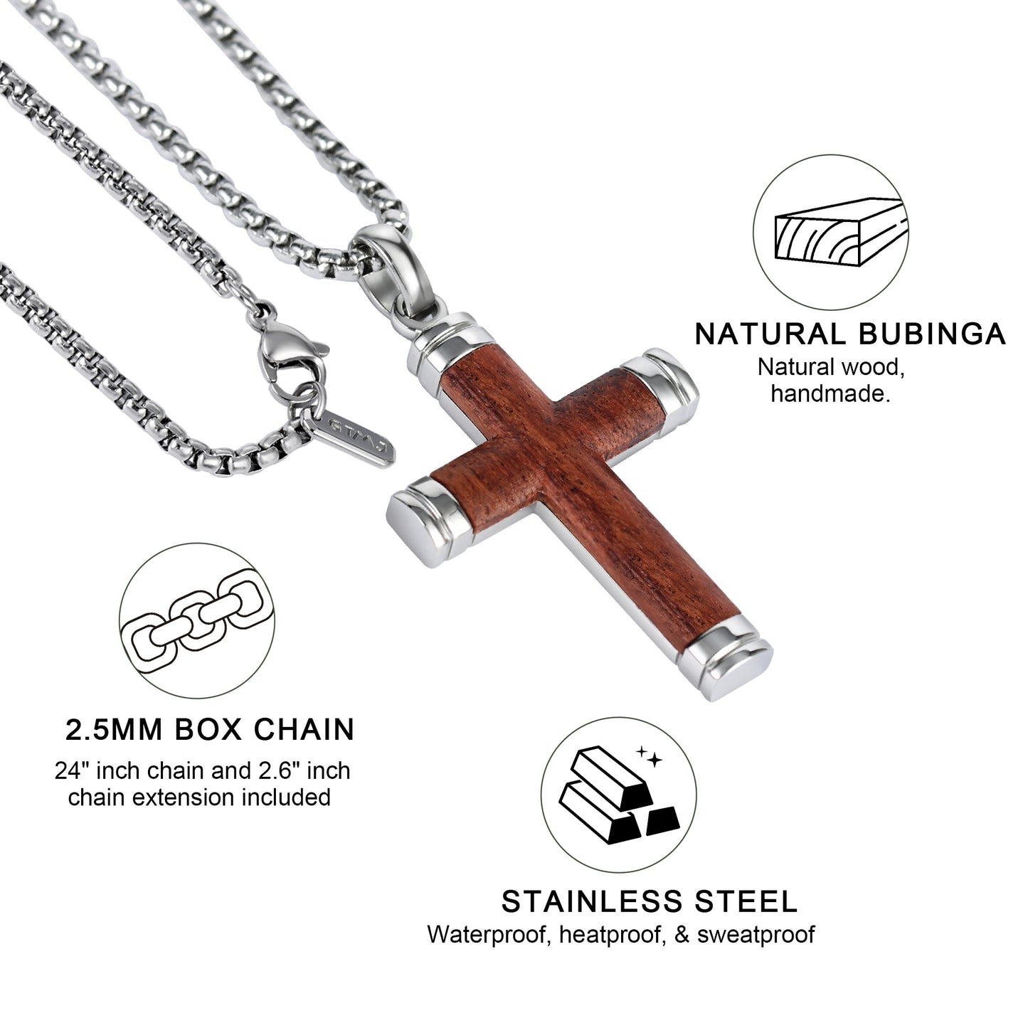 GTMJ Men's Cross Pendant Necklace Set - 316L Stainless Steel & Natural Wood,  24"+2" & 20"+2" Adjustable Box Chains, Luxury Gift Box (Ebony/Bubinga/Gold&Steel)