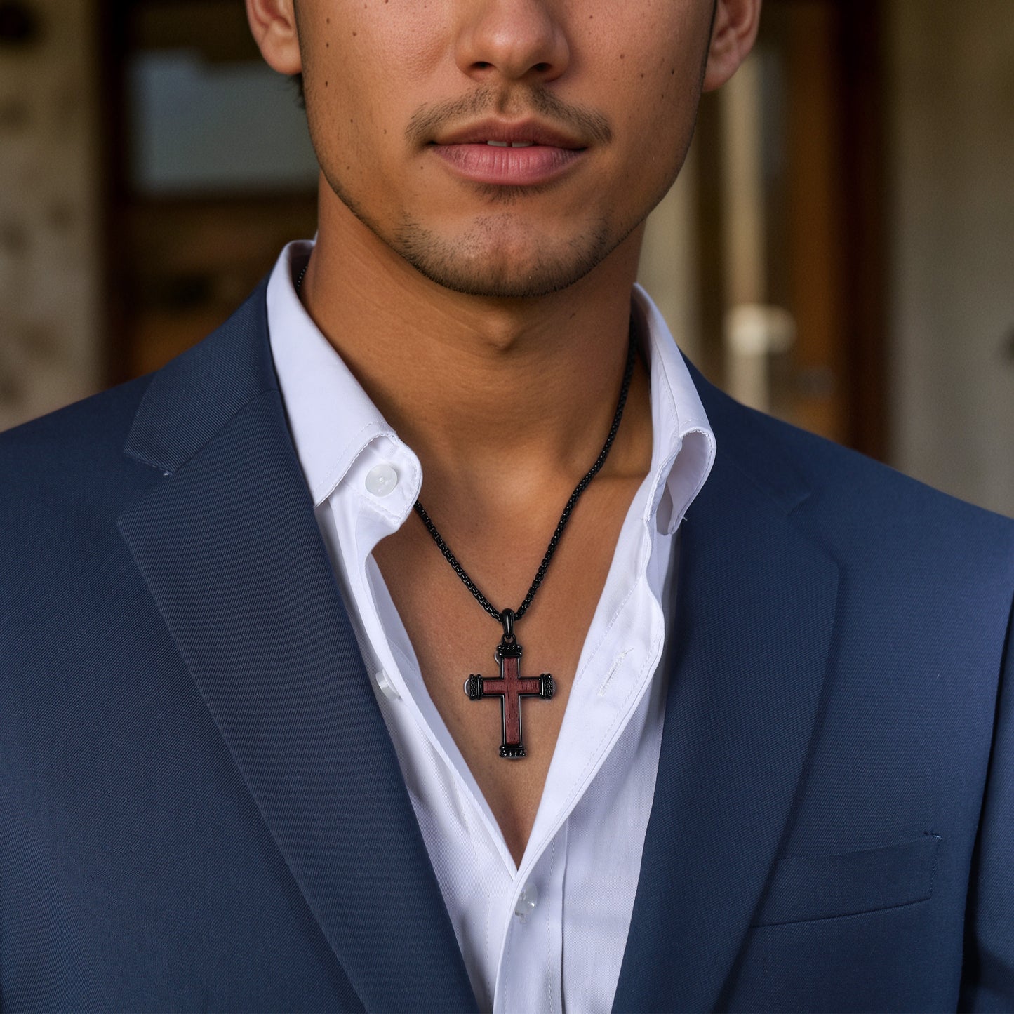 GTMJ Men's 316L Stainless Steel & Bubinga Wood Cross Necklace - 42mm Black Rope Edge, 24"+2" & 20"+2"Adjustable Box Chain, Christian Gift Set