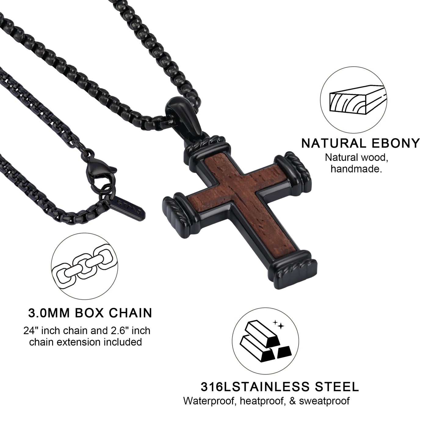 GTMJ Men's 316L Stainless Steel & Bubinga Wood Cross Necklace - 42mm Black Rope Edge, 24"+2" & 20"+2"Adjustable Box Chain, Christian Gift Set