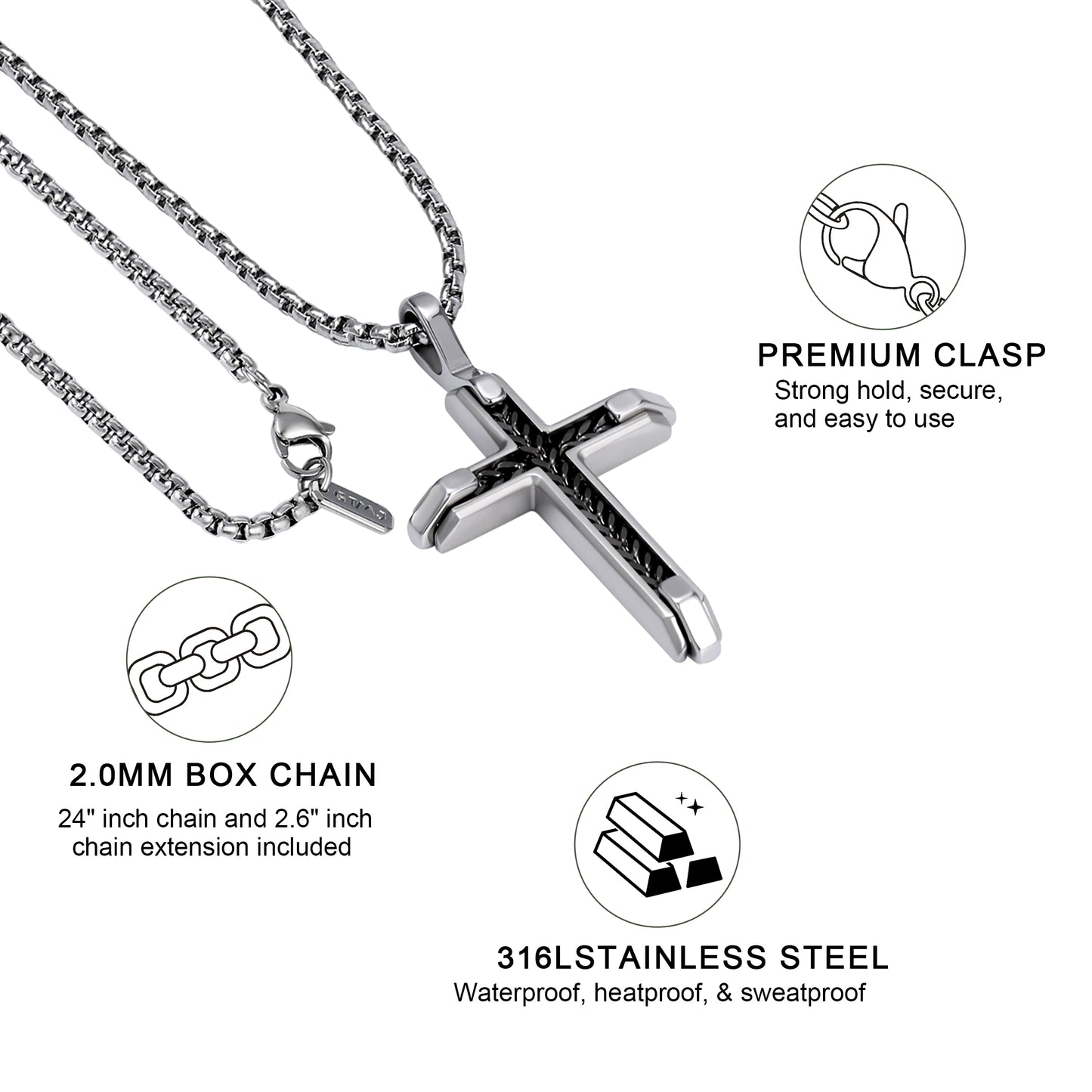 GTMJ Men's 316L Stainless Steel Cross Pendant Necklace - Black Franco Chain Link Inlay, 24"+2" & 20"+2"Adjustable Box Chain, Christian Gift Set