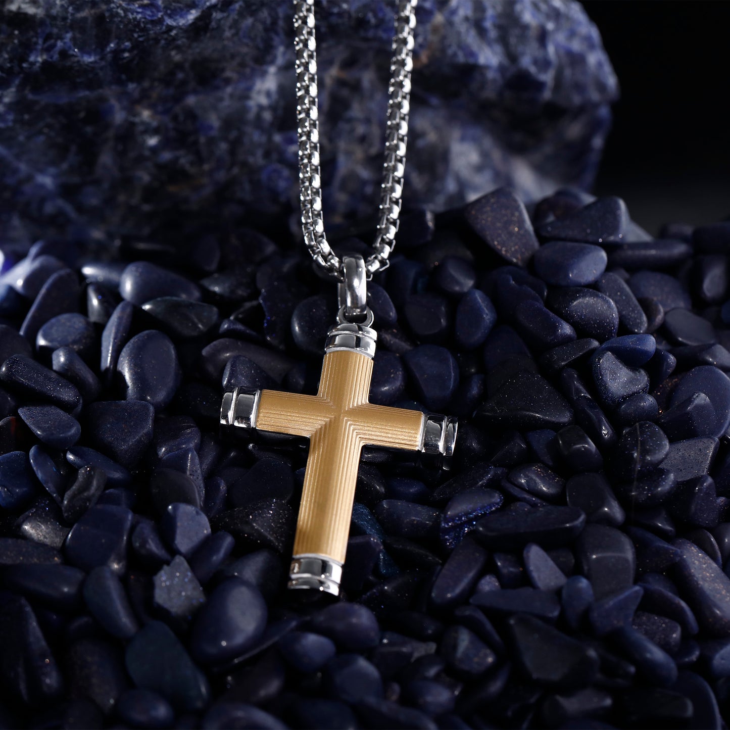 GTMJ Men's Cross Pendant Necklace Set - 316L Stainless Steel & Natural Wood,  24"+2" & 20"+2" Adjustable Box Chains, Luxury Gift Box (Ebony/Bubinga/Gold&Steel)