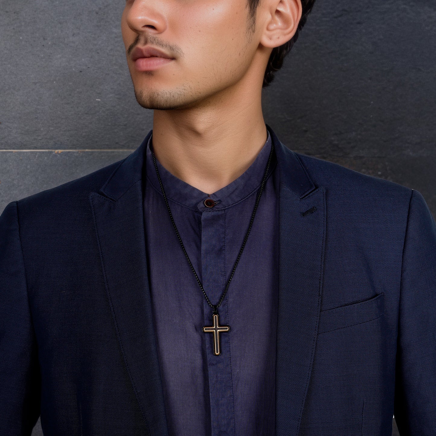 GTMJ Men's Trinity Cross Necklace - 45mm Black & Gold Stainless Steel with Ebony Wood, 24"+2" & 20"+2"Adjustable Box Chain, Luxury Christian Gift Set