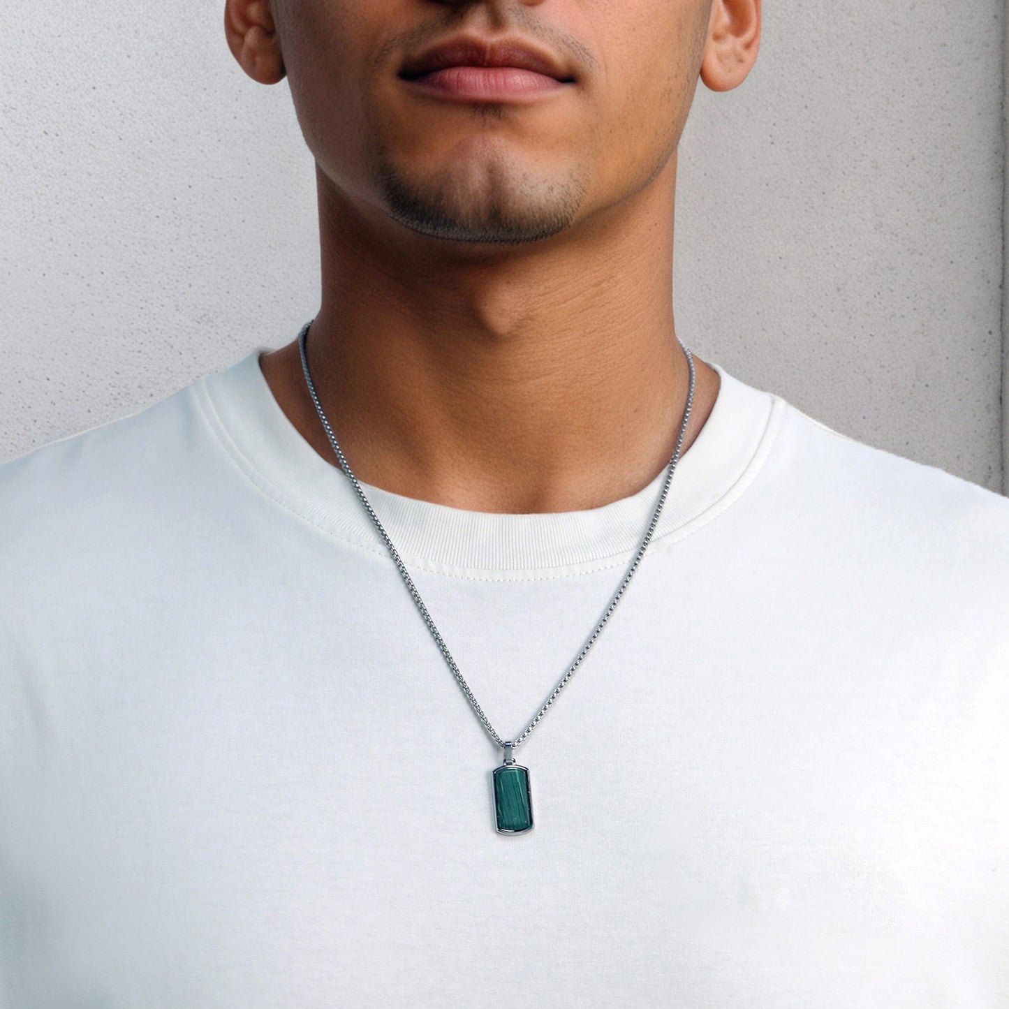 Metallic Dog Tag With Faceted Malachite