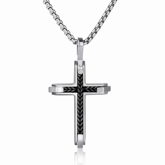 GTMJ Men's 316L Stainless Steel Cross Pendant Necklace - Black Franco Chain Link Inlay, 24"+2" & 20"+2"Adjustable Box Chain, Christian Gift Set