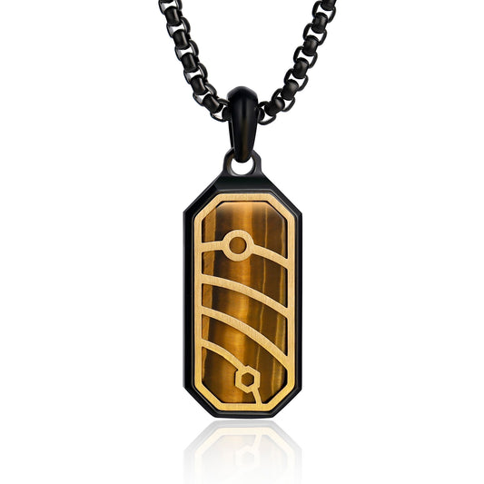 Tiger Eye Dog Tag Black Pendant Necklace with 18k gold hollowed-out panel decoration