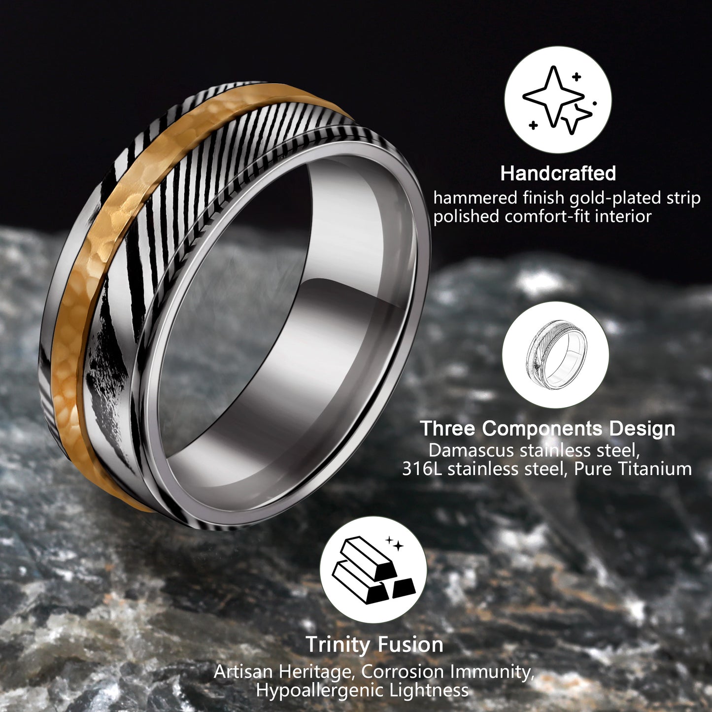 Damascus Steel Ring with A Gold-plated Strip Hammered Finish 316L Stainless Steel