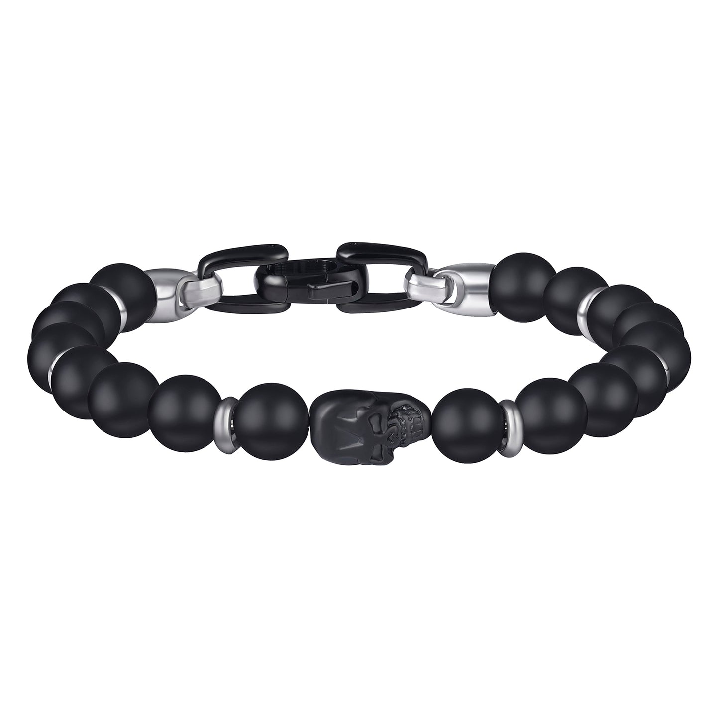 Men's Black Onyx Skull Semiprecious Bead Bracelet