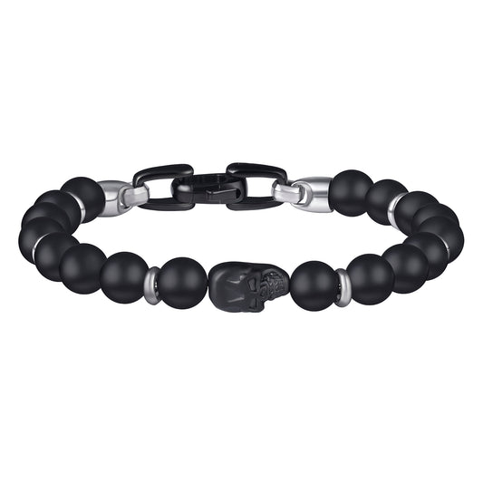 Men's Black Onyx Skull Semiprecious Bead Bracelet