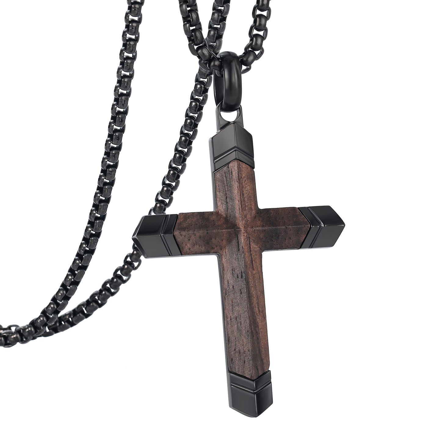 GTMJ Wooden Cross Necklace for Men -Black Ebony Stainless Steel Adjustable Box Chain 24-26in, Spiritual Jewelry Gift for Him, Everyday Wear