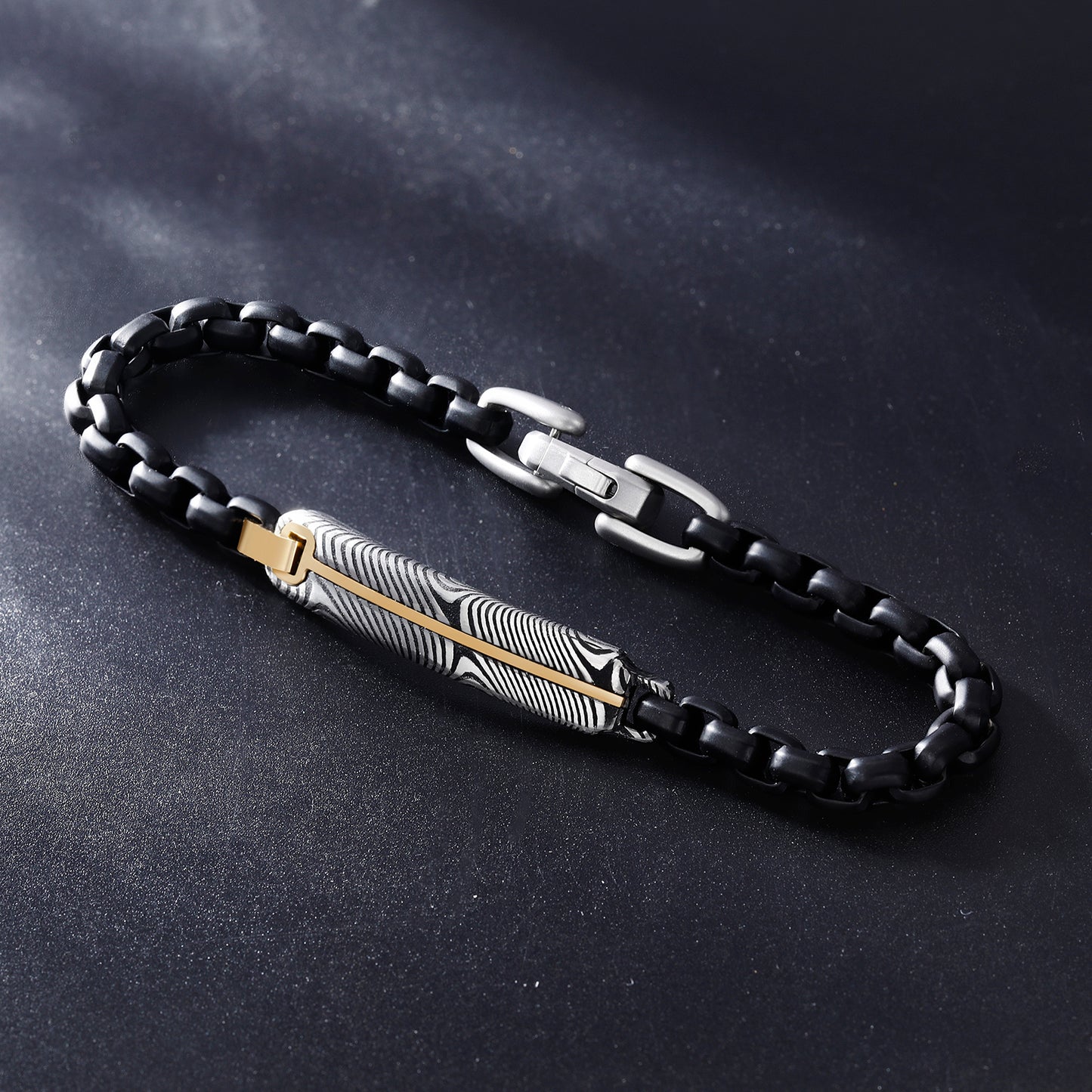 Black IP Steel Box Chain Bracelet with Damascus Steel Plate